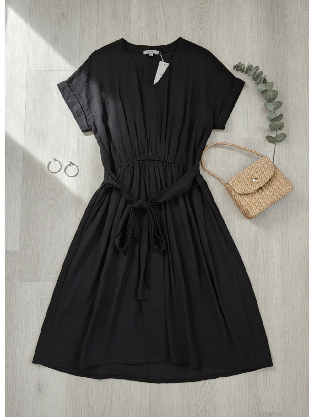 Simply Vera Vera Wang Black Midi Dress with Waist Tie, Size L